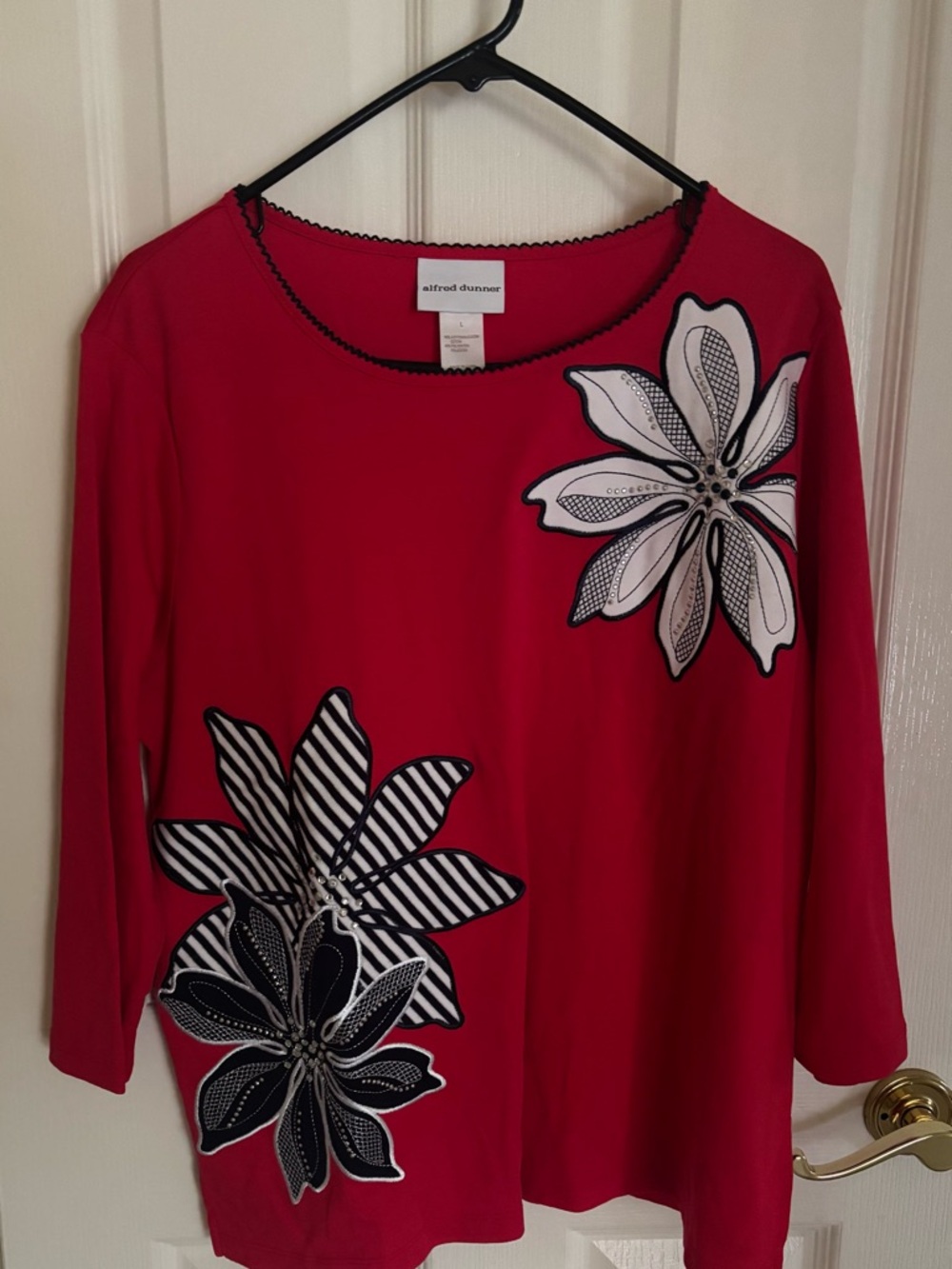 Alfred Dunner Red Long-Sleeve Top with Black & White Floral Appliqué